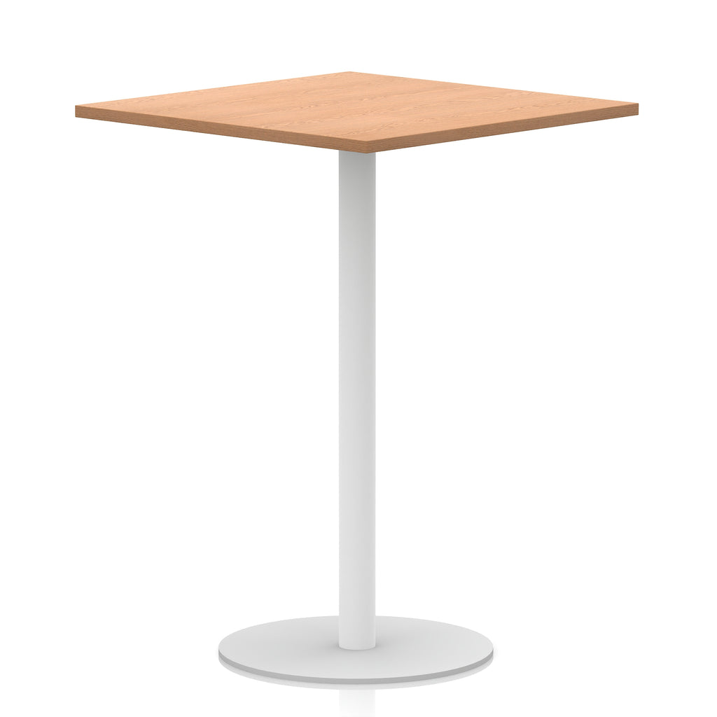 Square table with wood-effect top and white round base on a white background
