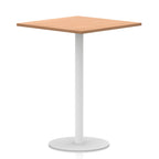Square table with wood-effect top and white round base on a white background