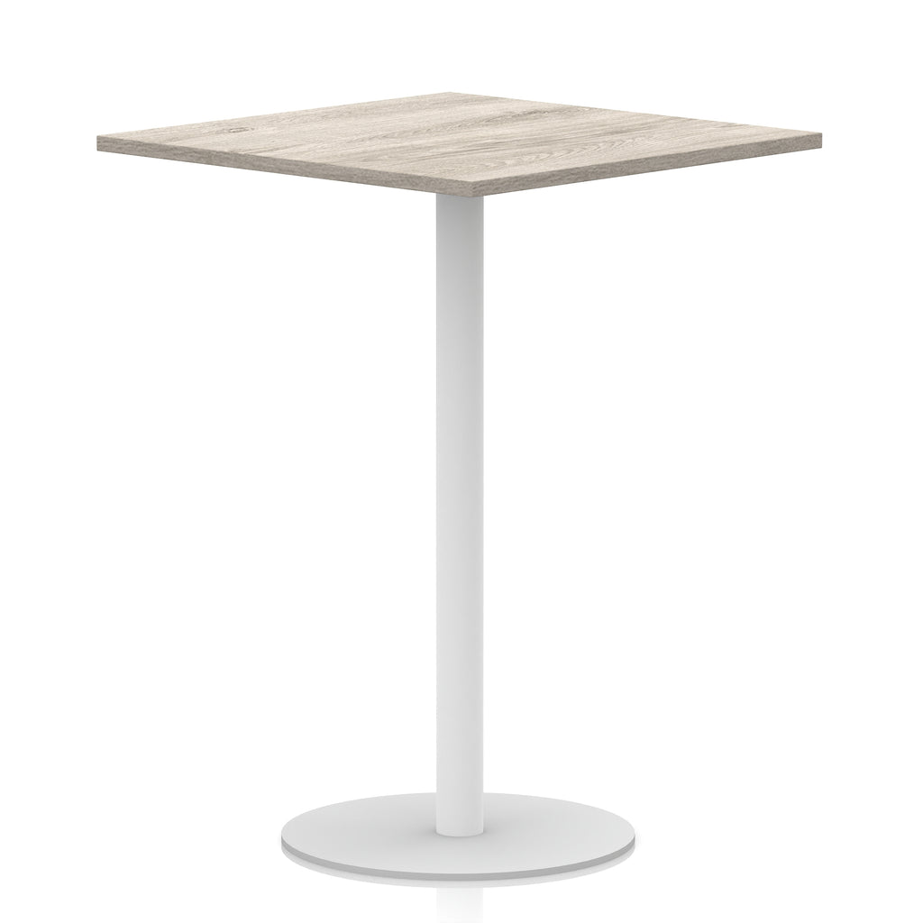 Square table with wood-effect top and white round base on a white background