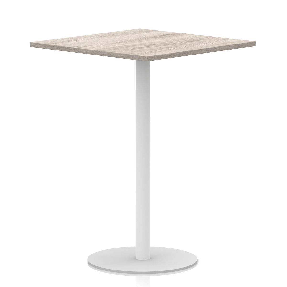 Square table with wood-effect top and white round base on a white background