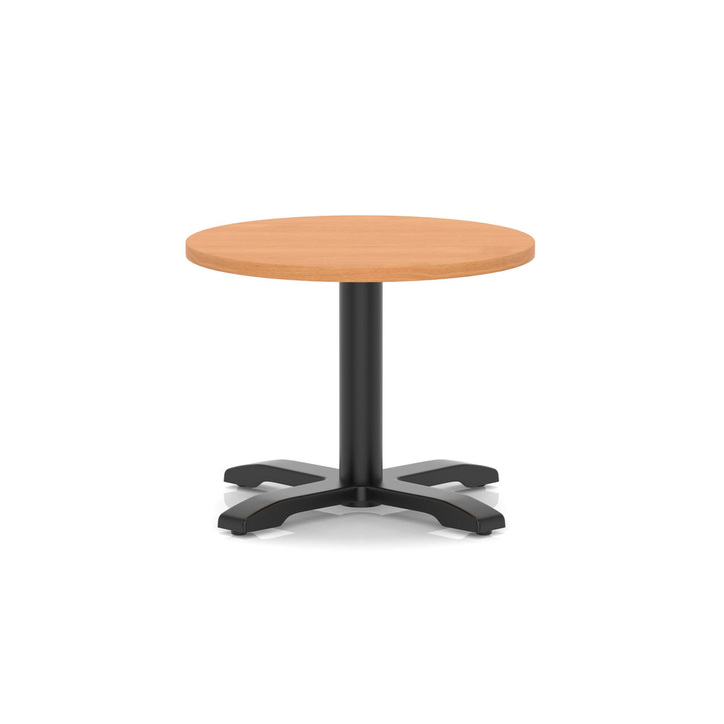 Round coffee table with grey wood-effect top and black metal base on a white background