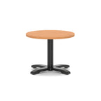 Round coffee table with grey wood-effect top and black metal base on a white background