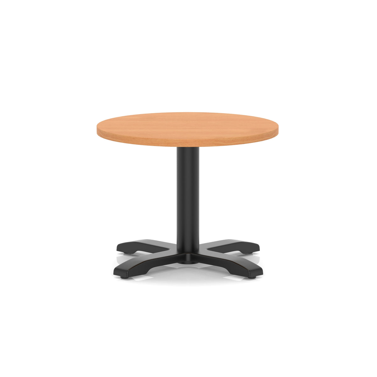 Round coffee table with grey wood-effect top and black metal base on a white background
