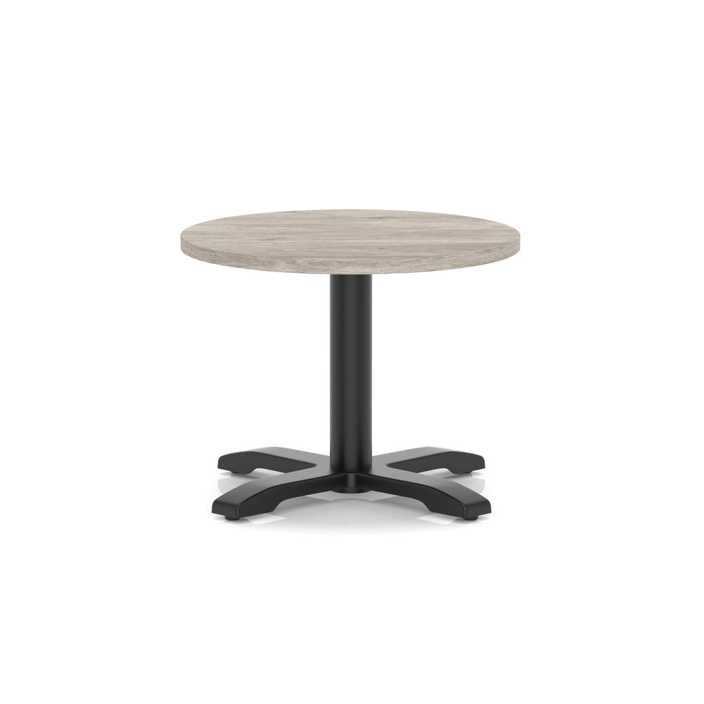 Round coffee table with grey wood-effect top and black metal base on a white background