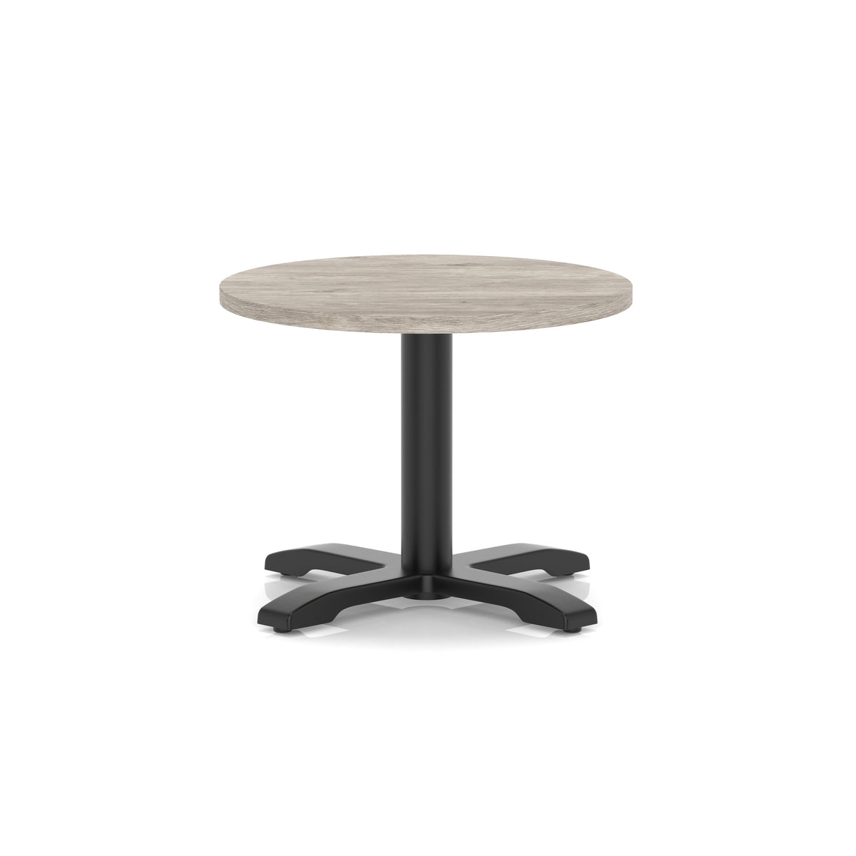 Round coffee table with grey wood-effect top and black metal base on a white background