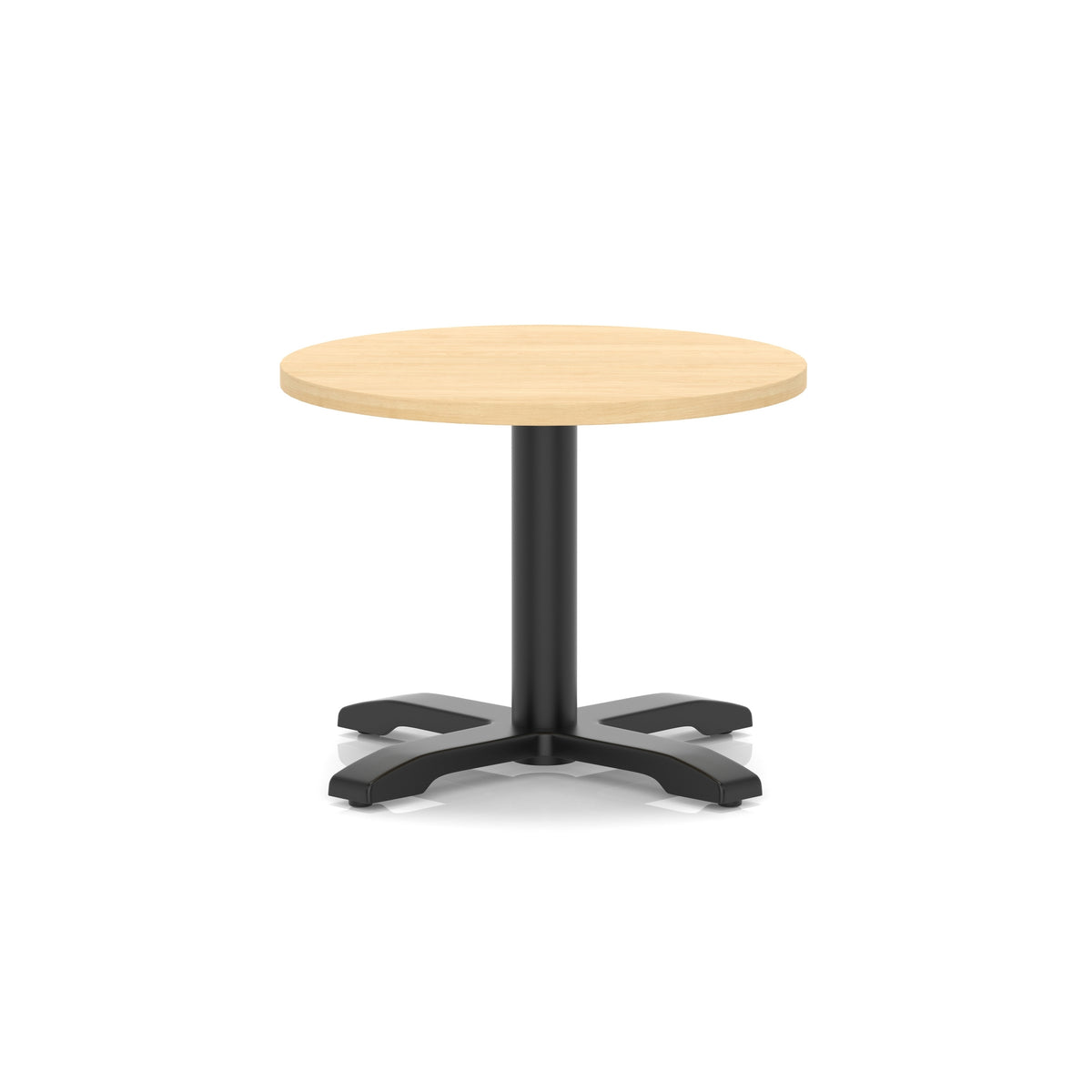 Round coffee table with wood-effect top and black metal base on a white background