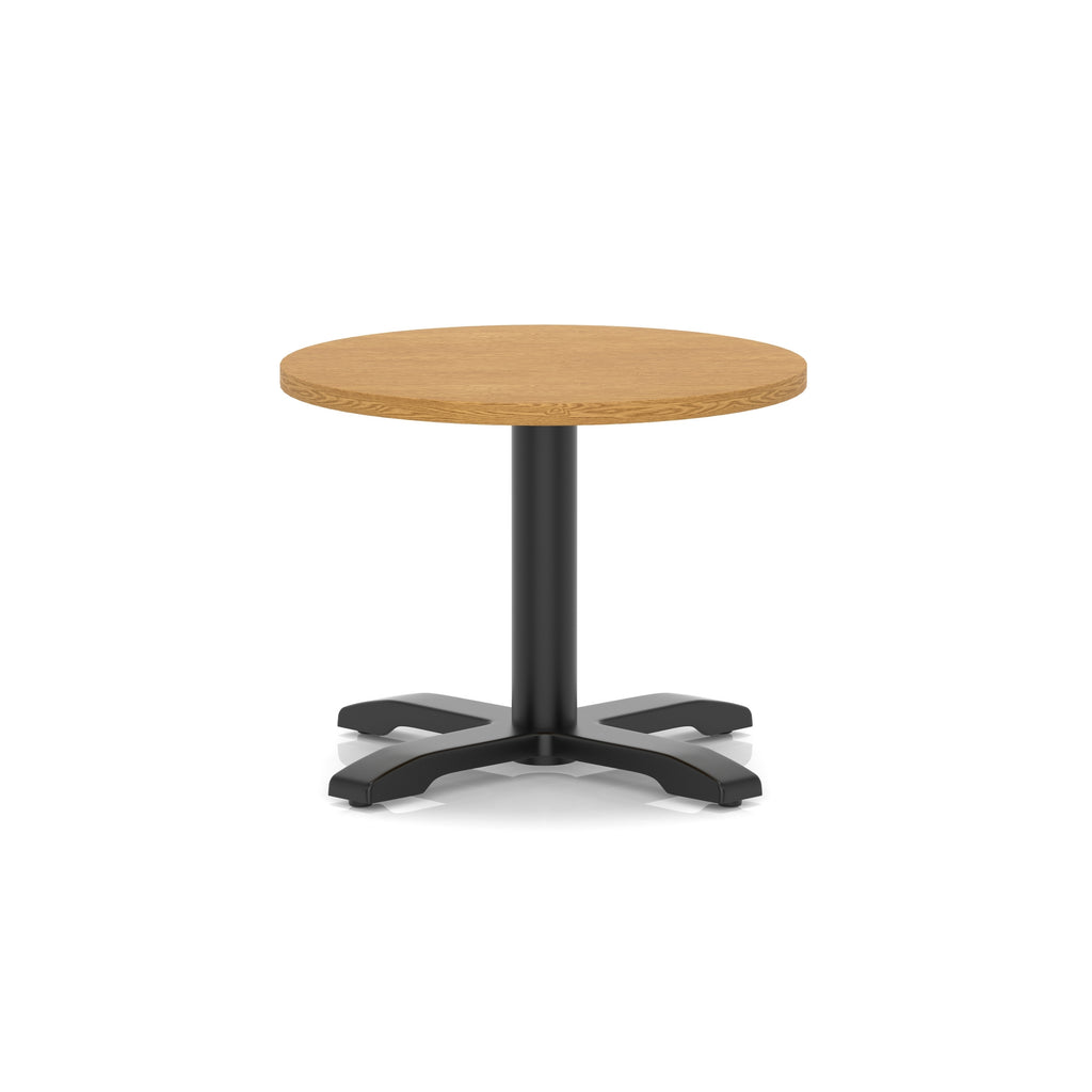 Round coffee table with wood-effect top and black metal base on a white background