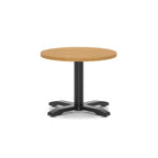 Round coffee table with wood-effect top and black metal base on a white background