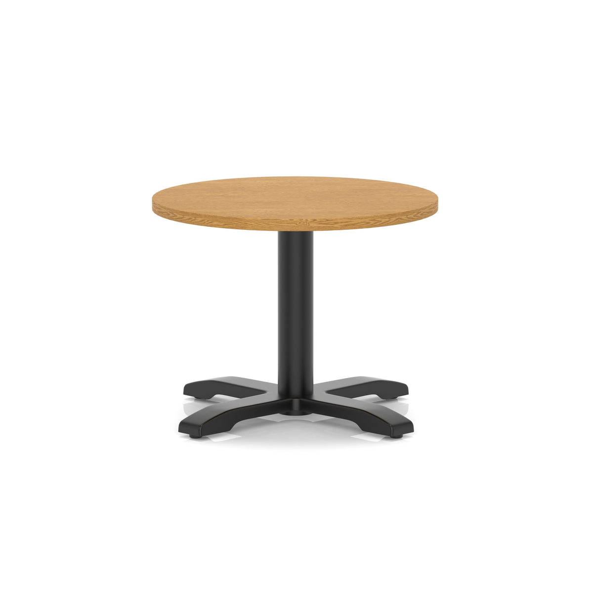 Round coffee table with wood-effect top and black metal base on a white background