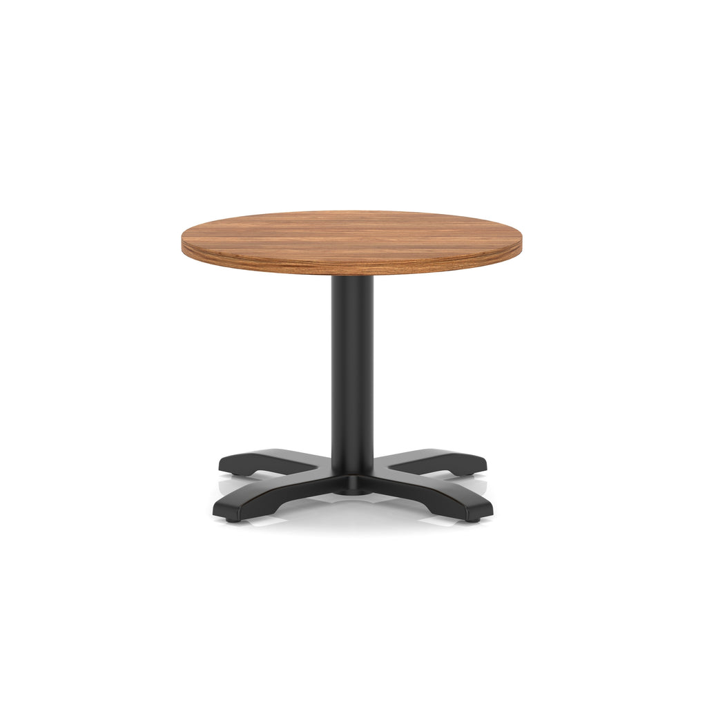 Round coffee table with wood-effect top and black metal base on a white background