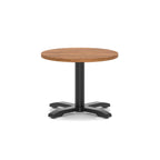 Round coffee table with wood-effect top and black metal base on a white background