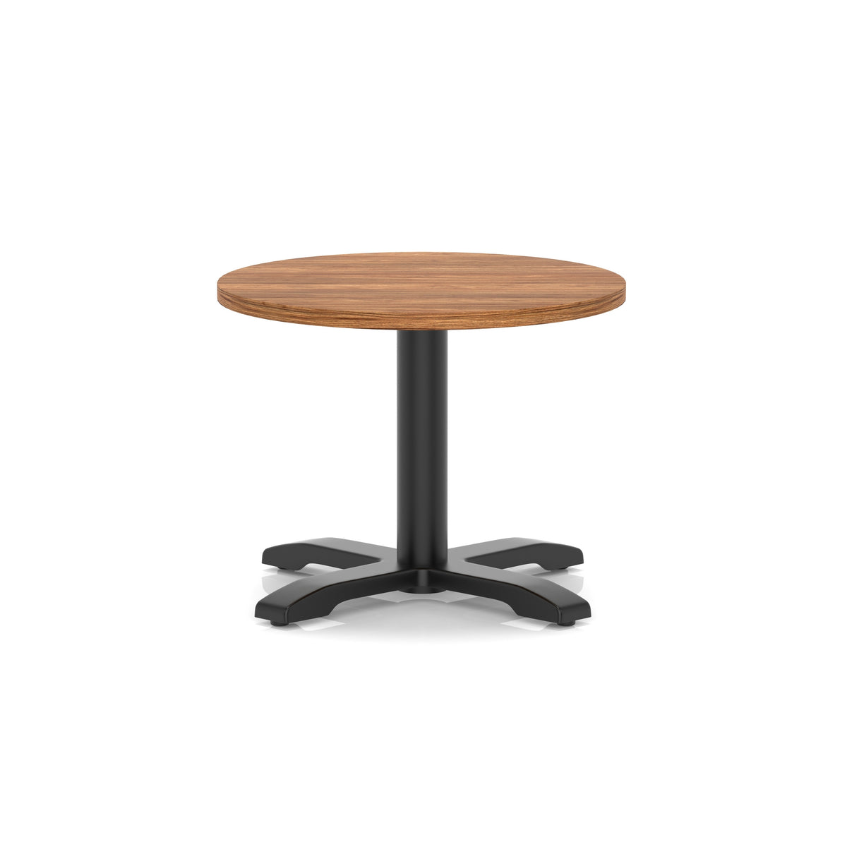 Round coffee table with wood-effect top and black metal base on a white background