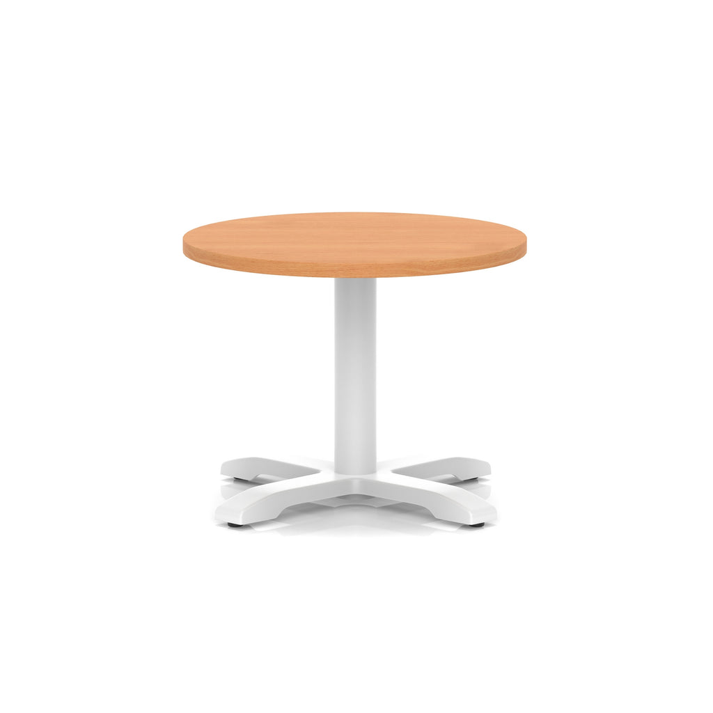 Round coffee table with grey wood-effect top and white metal base on a white background