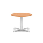 Round coffee table with grey wood-effect top and white metal base on a white background