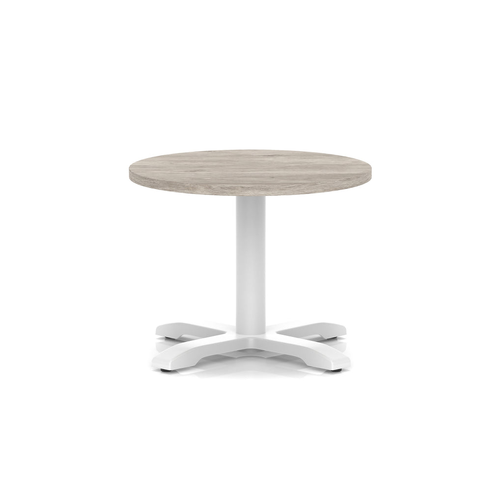 Round coffee table with grey wood-effect top and white metal base on a white background