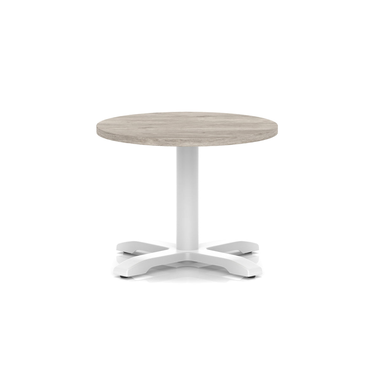 Round coffee table with grey wood-effect top and white metal base on a white background
