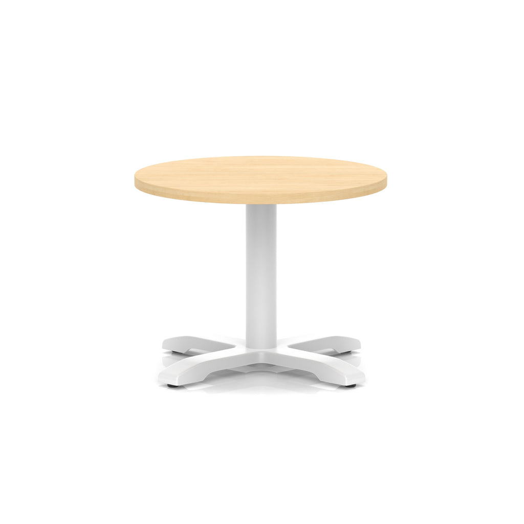 Round coffee table with wood-effect top and white metal base on a white background