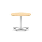 Round coffee table with wood-effect top and white metal base on a white background