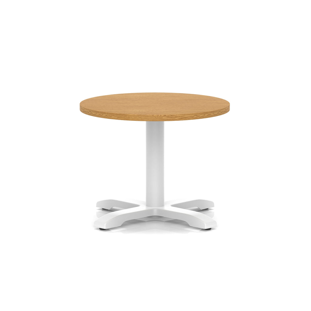 Round coffee table with wood-effect top and white metal base on a white background