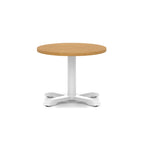 Round coffee table with wood-effect top and white metal base on a white background
