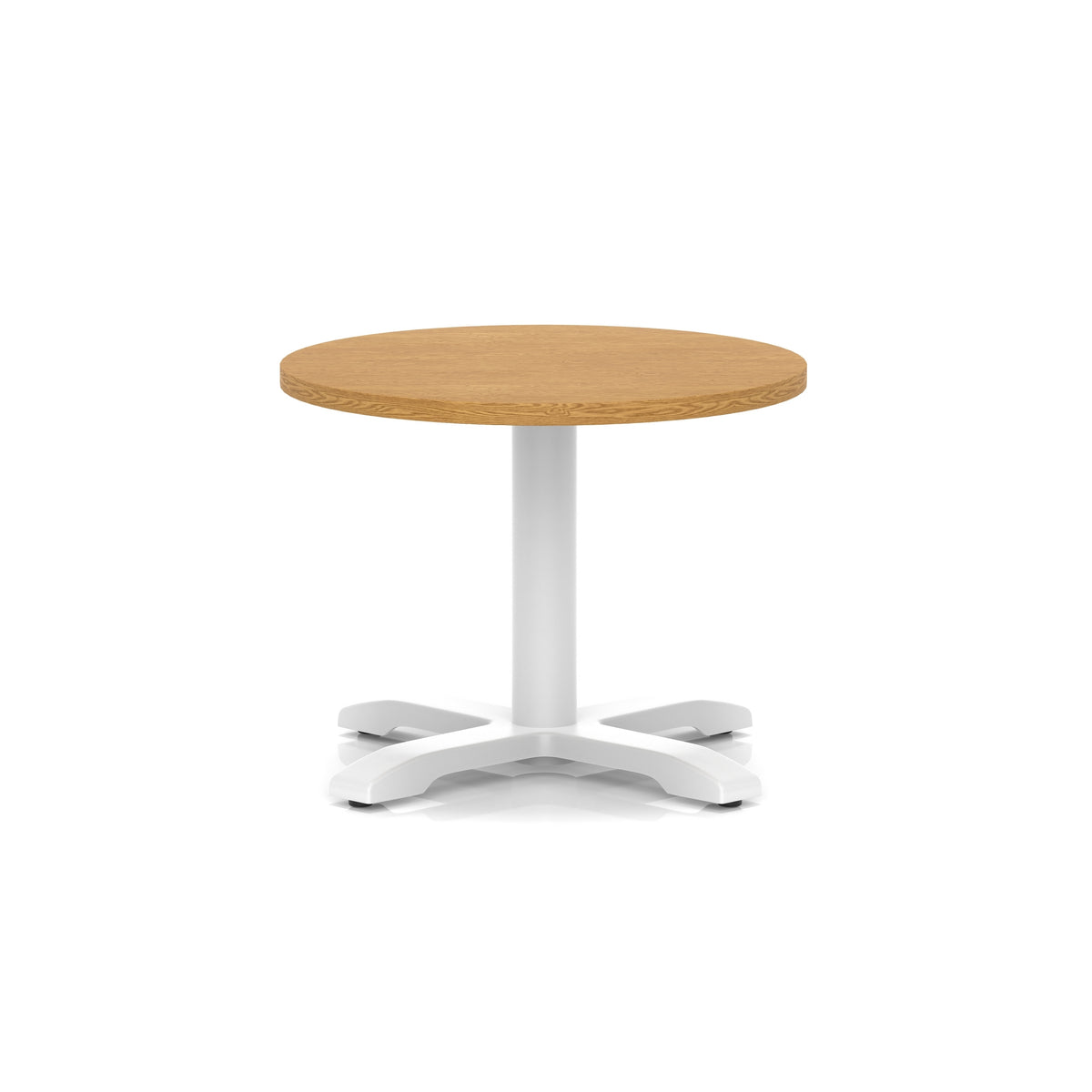 Round coffee table with wood-effect top and white metal base on a white background