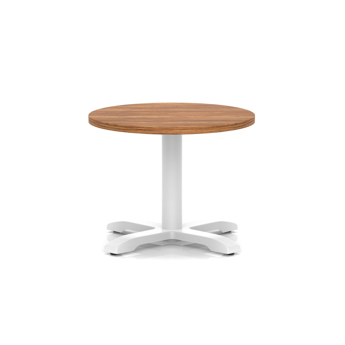 Round coffee table with wood-effect top and white metal base on a white background
