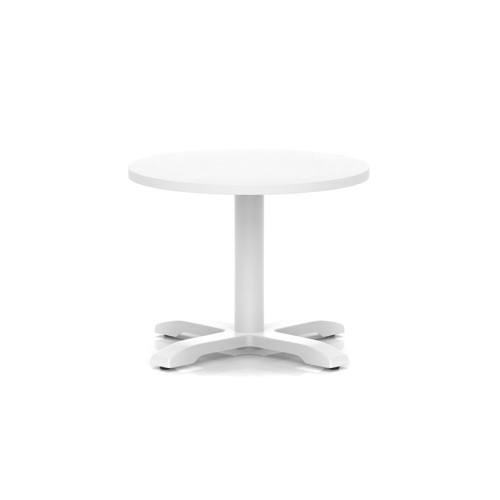 White round coffee table with metal base on a white background