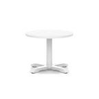 White round coffee table with metal base on a white background