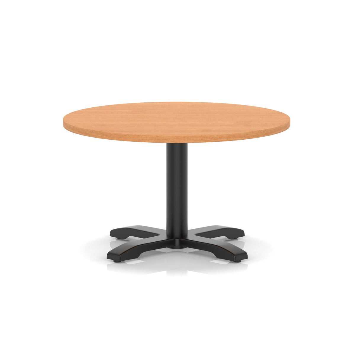 Round coffee table with grey wood-effect top and black metal base on a white background