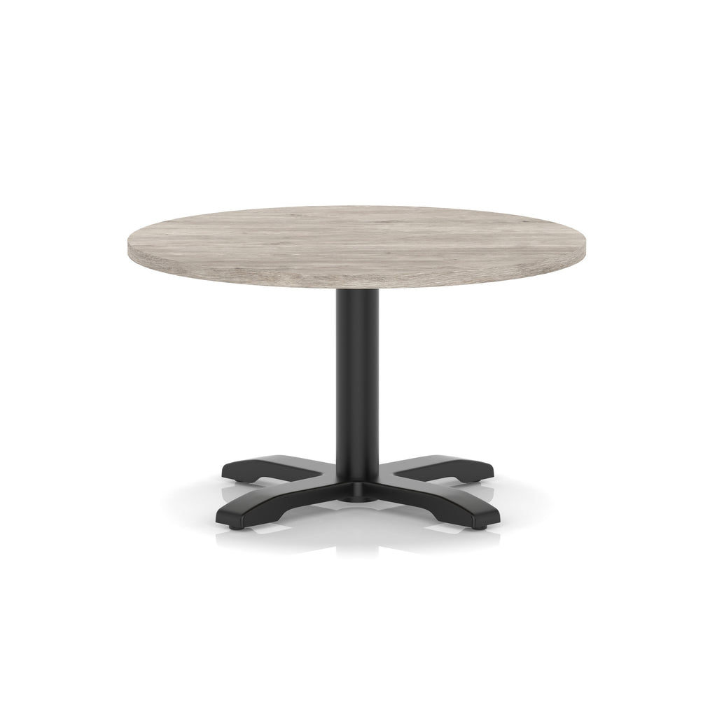 Round coffee table with grey wood-effect top and black metal base on a white background