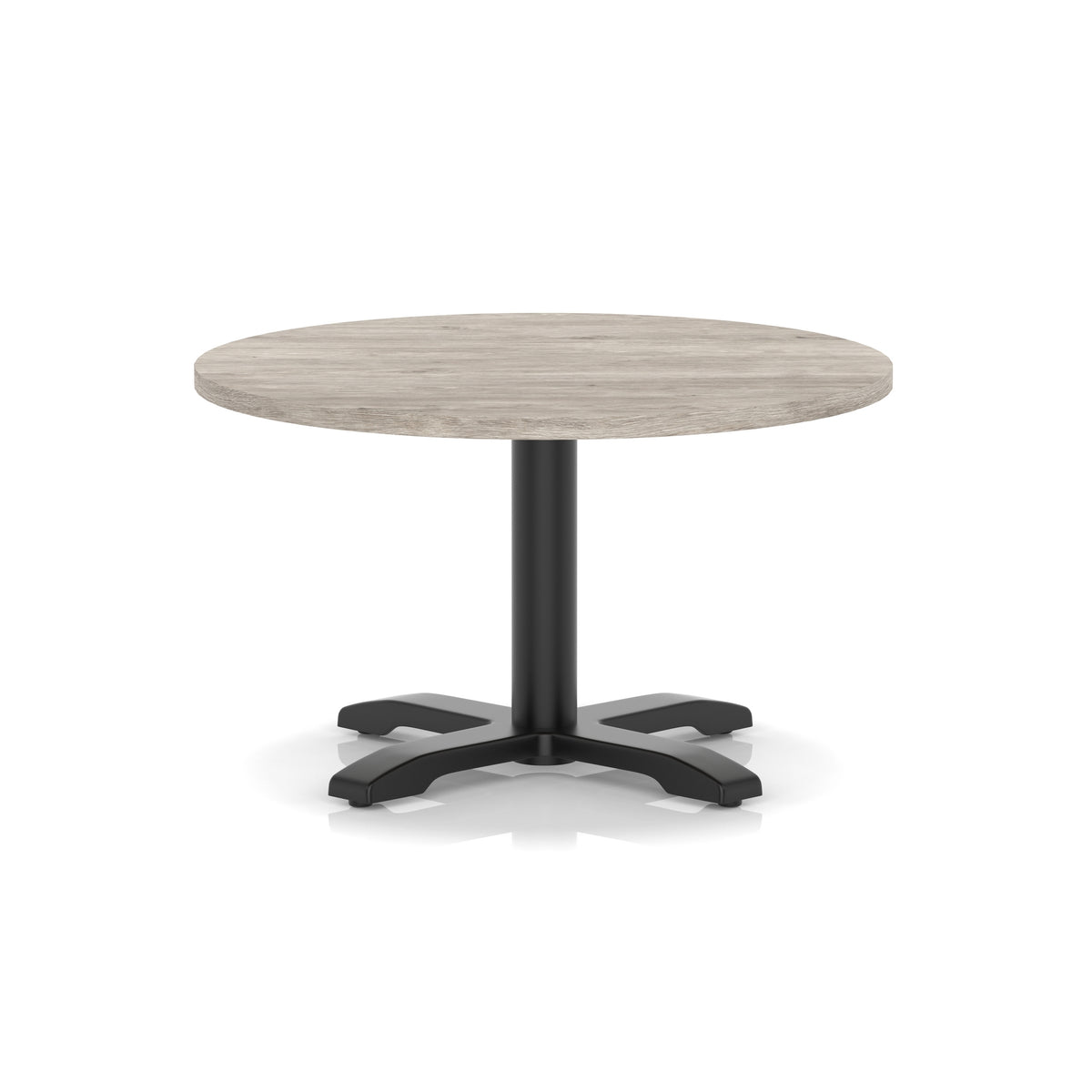 Round coffee table with grey wood-effect top and black metal base on a white background