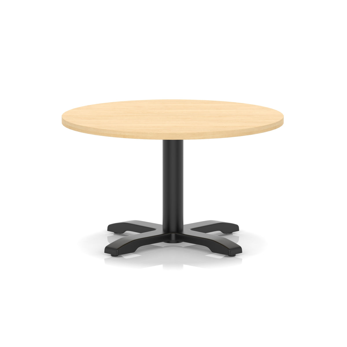 Round coffee table with wood-effect top and black metal base on a white background
