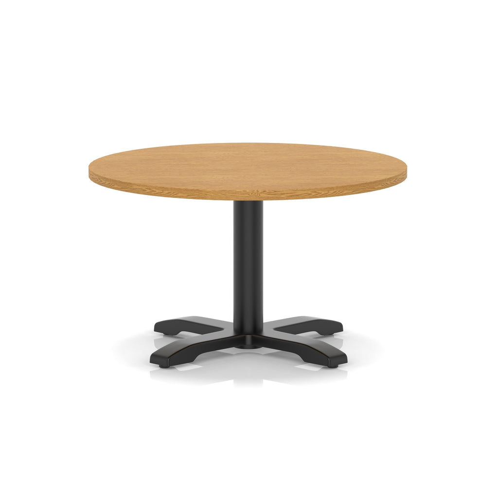 Round coffee table with wood-effect top and black metal base on a white background