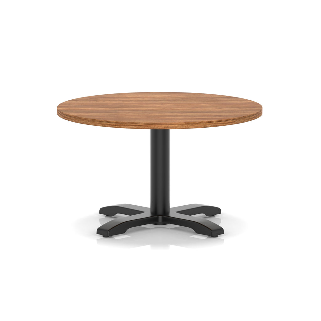 Round coffee table with wood-effect top and black metal base on a white background
