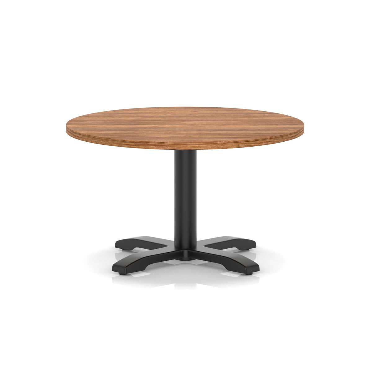 Round coffee table with wood-effect top and black metal base on a white background