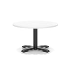 White round coffee table with black metal base on a white background
