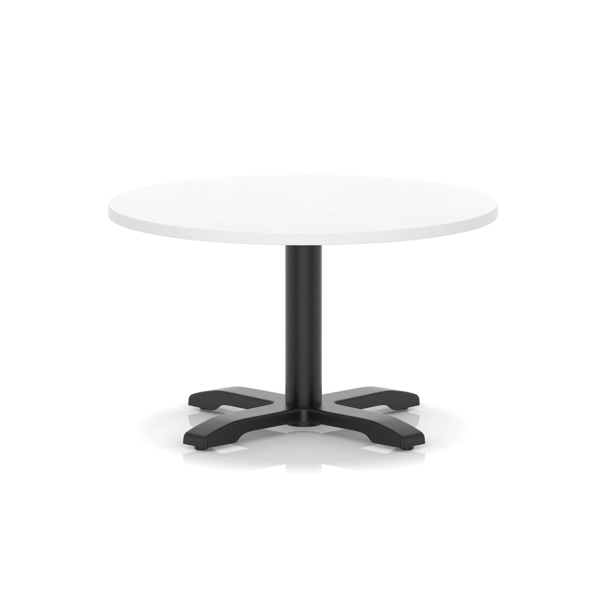 White round coffee table with black metal base on a white background
