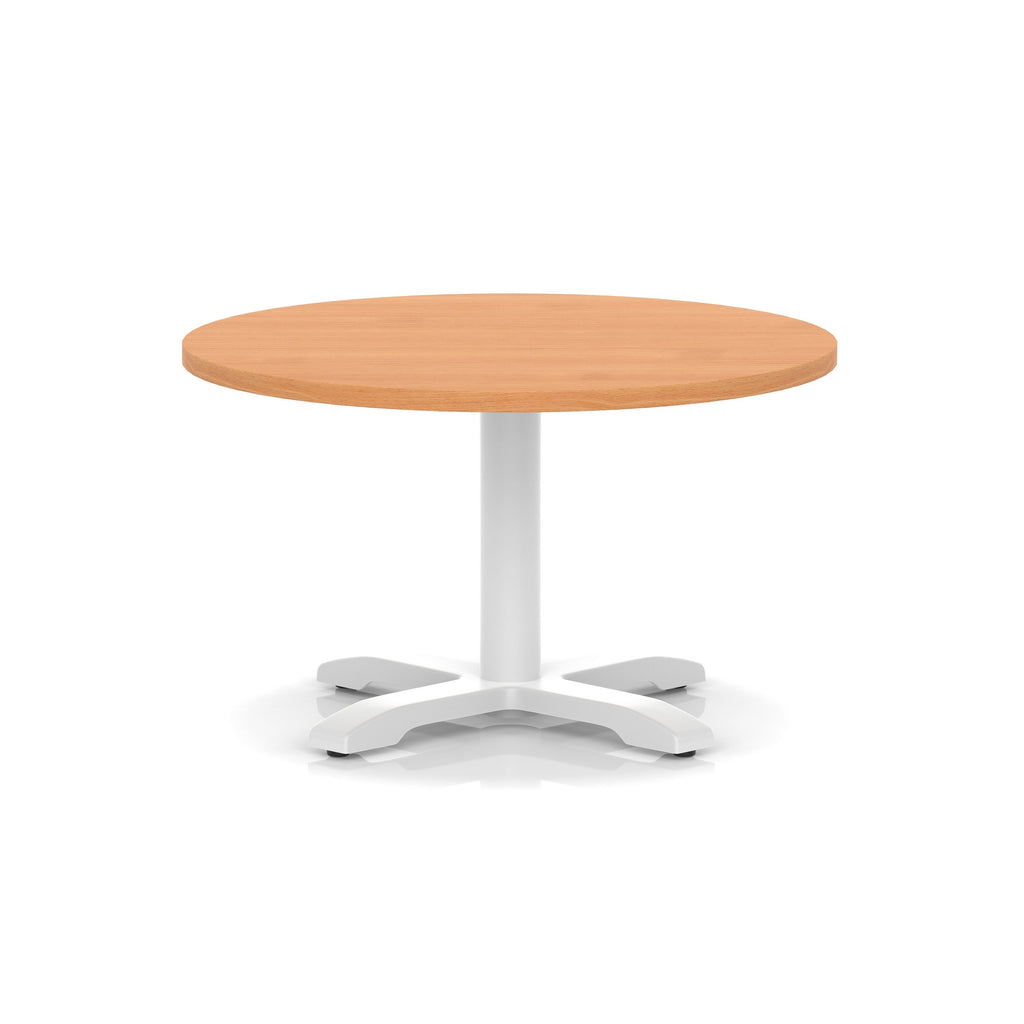 Round coffee table with grey wood-effect top and white metal base on a white background