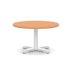 Round coffee table with grey wood-effect top and white metal base on a white background