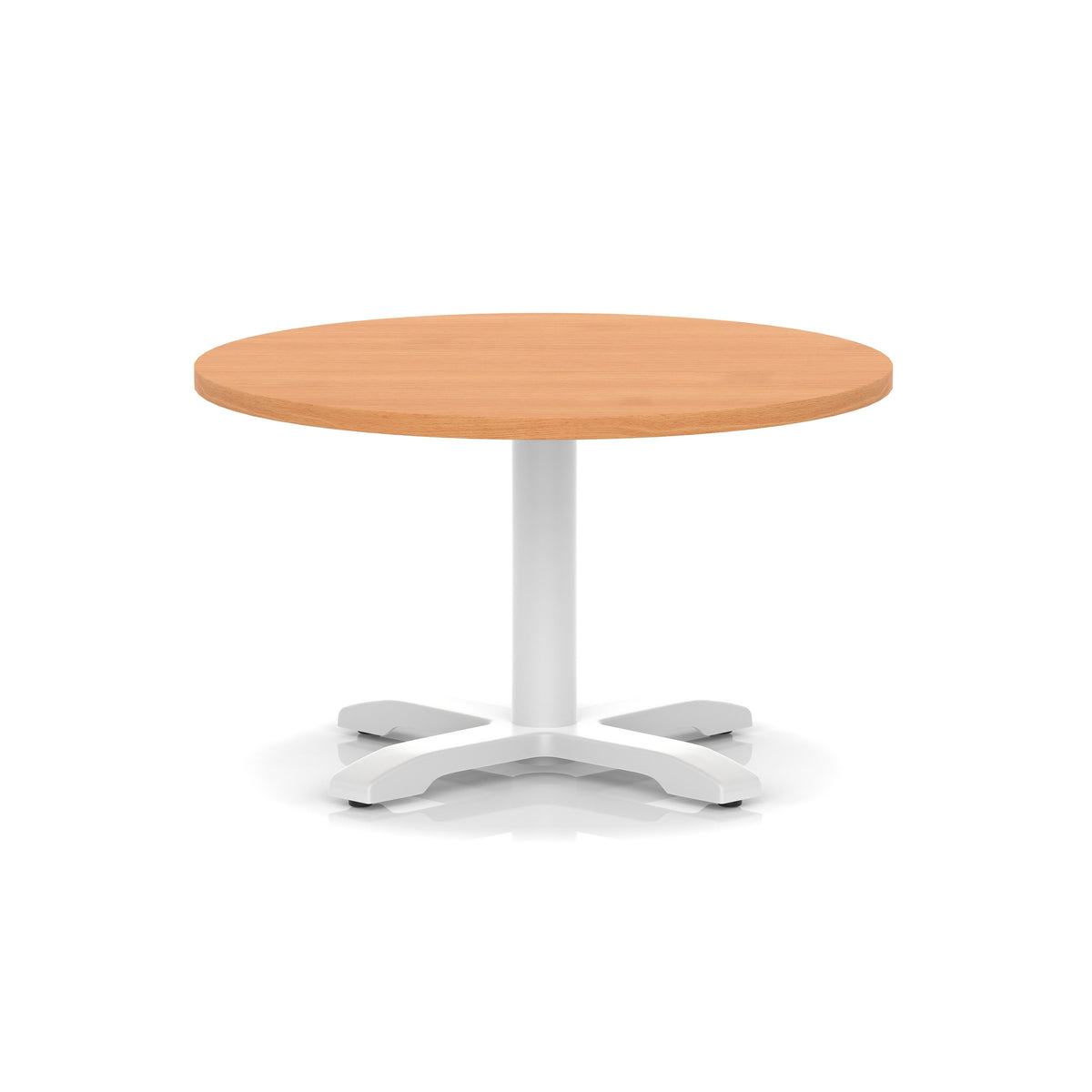 Round coffee table with grey wood-effect top and white metal base on a white background
