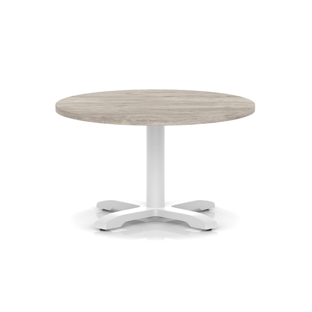 Round coffee table with grey wood-effect top and white metal base on a white background