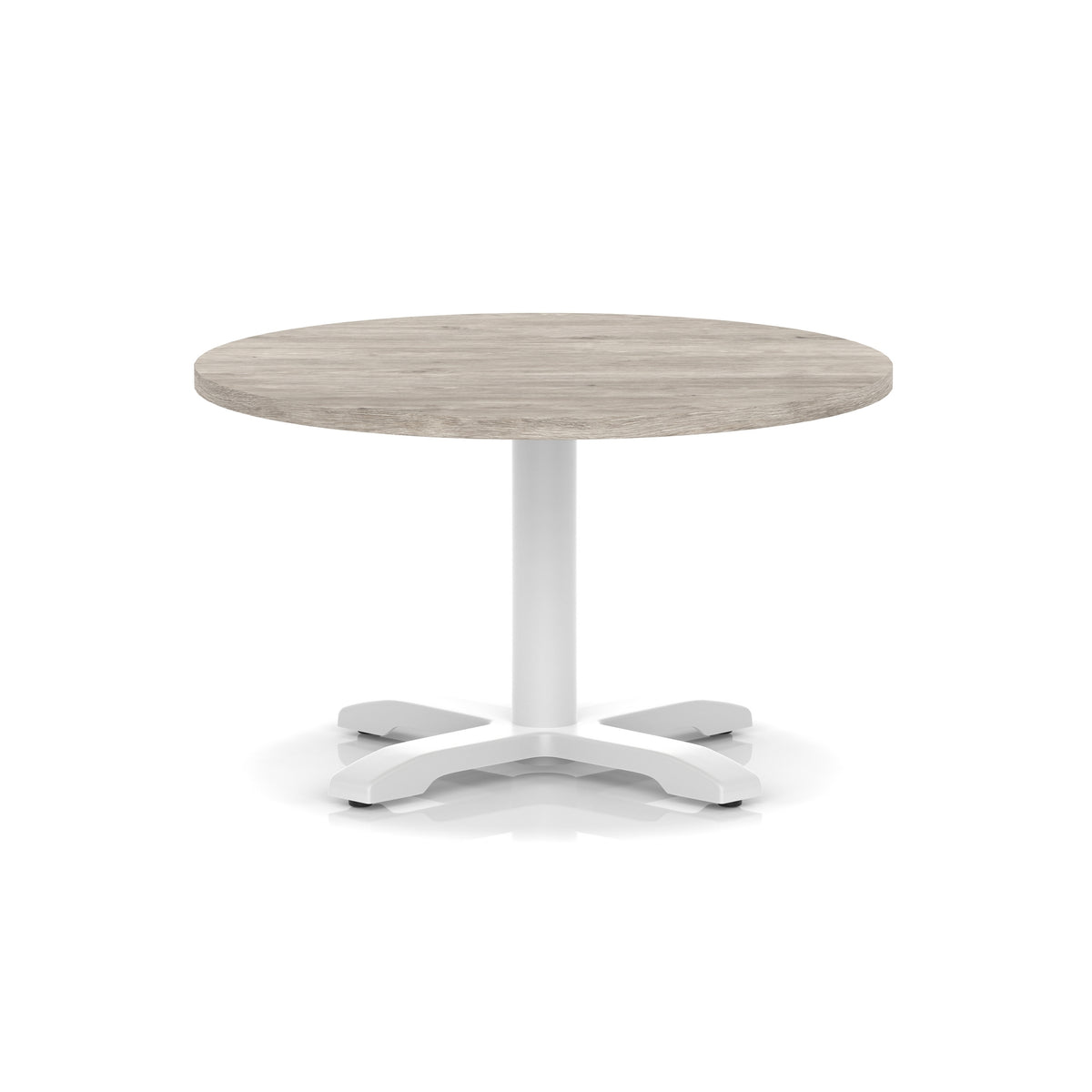Round coffee table with grey wood-effect top and white metal base on a white background