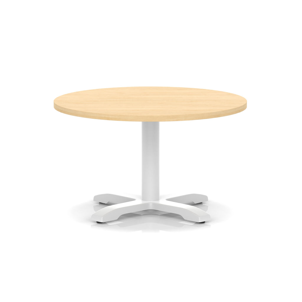 Round coffee table with wood-effect top and white metal base on a white background