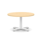 Round coffee table with wood-effect top and white metal base on a white background