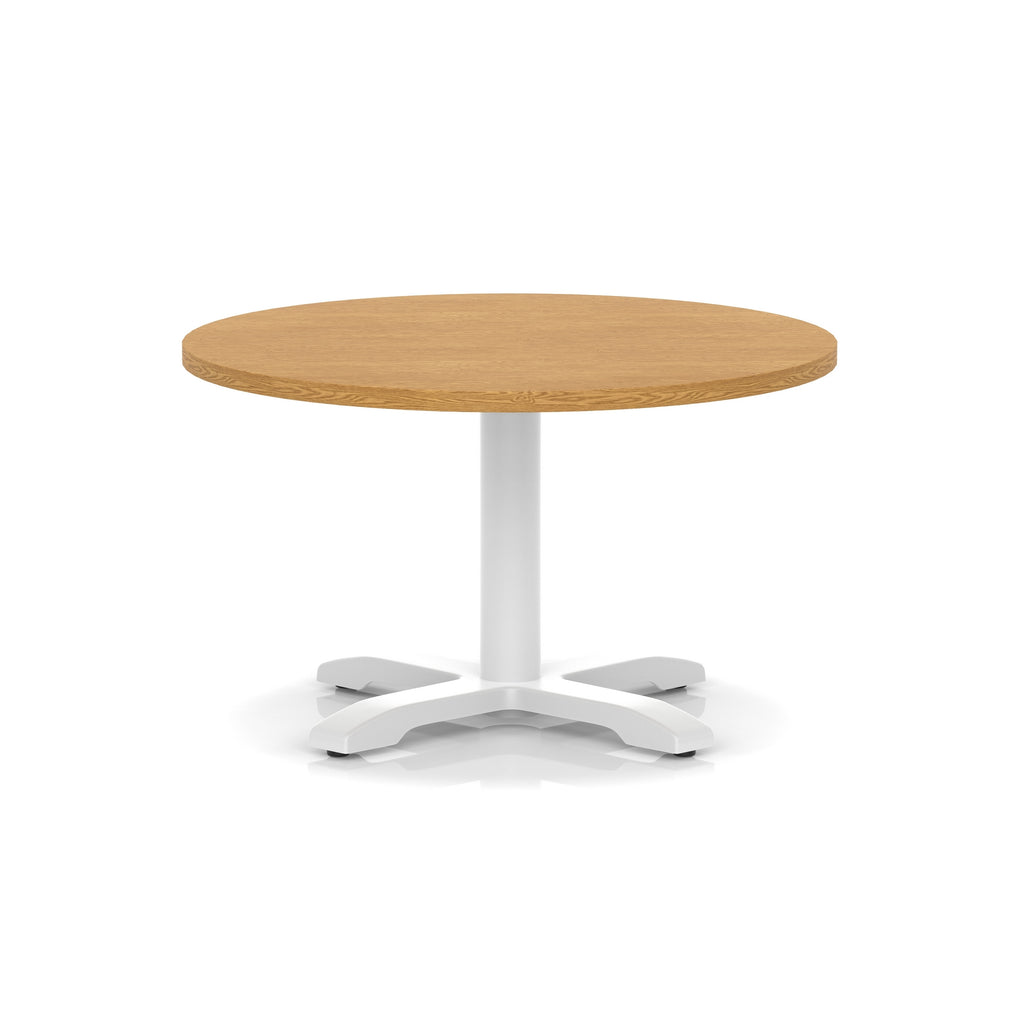 Round coffee table with wood-effect top and white metal base on a white background