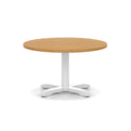 Round coffee table with wood-effect top and white metal base on a white background