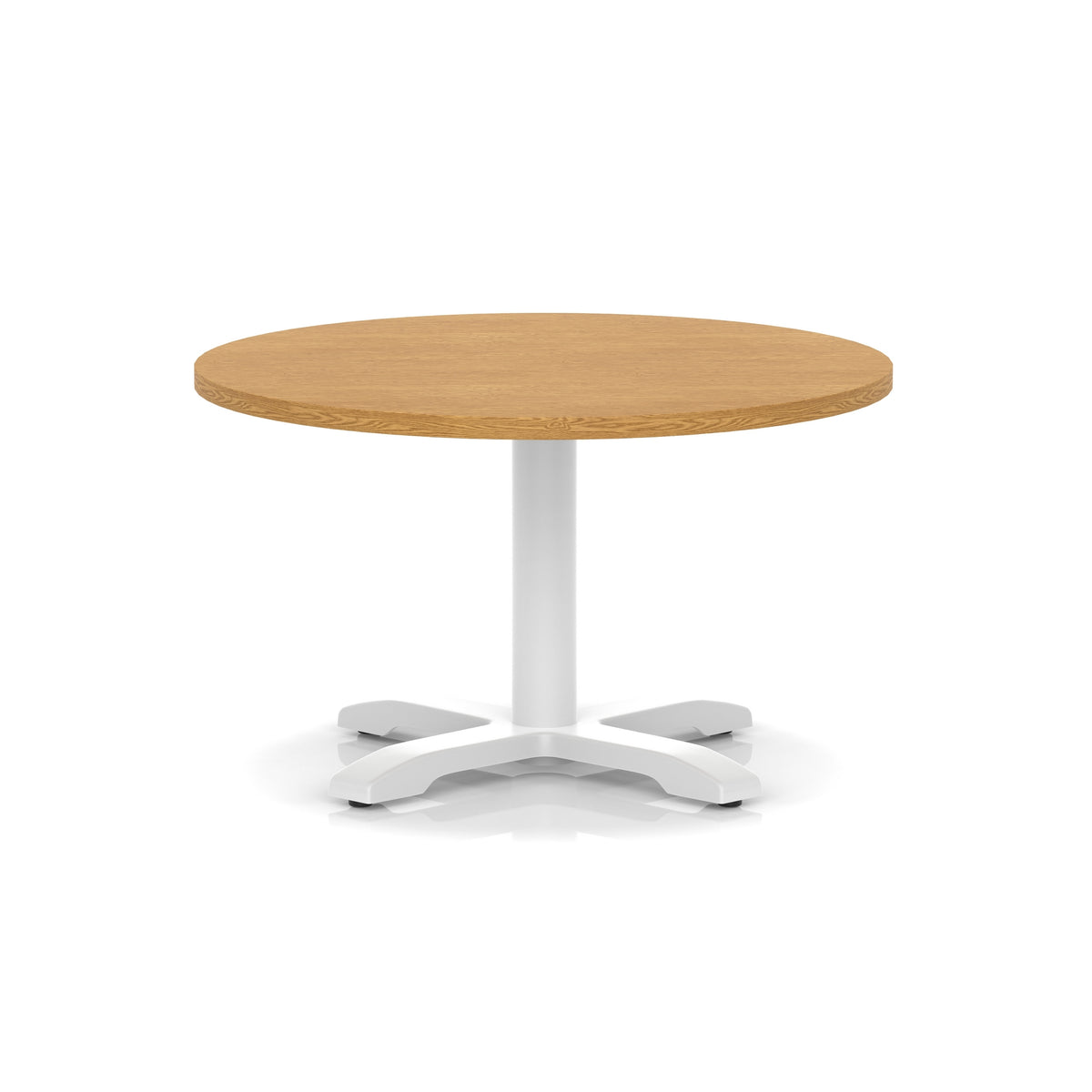 Round coffee table with wood-effect top and white metal base on a white background