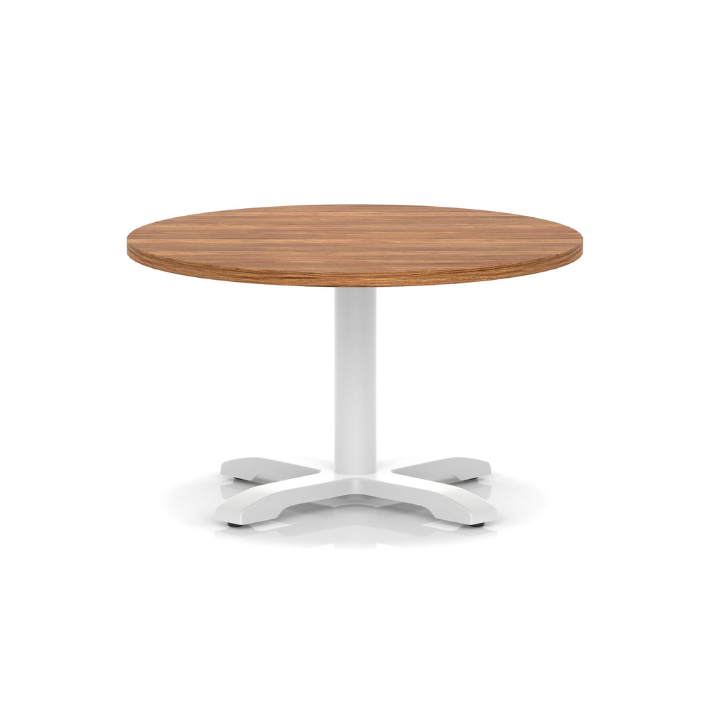 Round coffee table with wood-effect top and white metal base on a white background