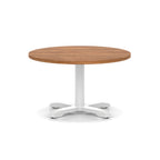 Round coffee table with wood-effect top and white metal base on a white background