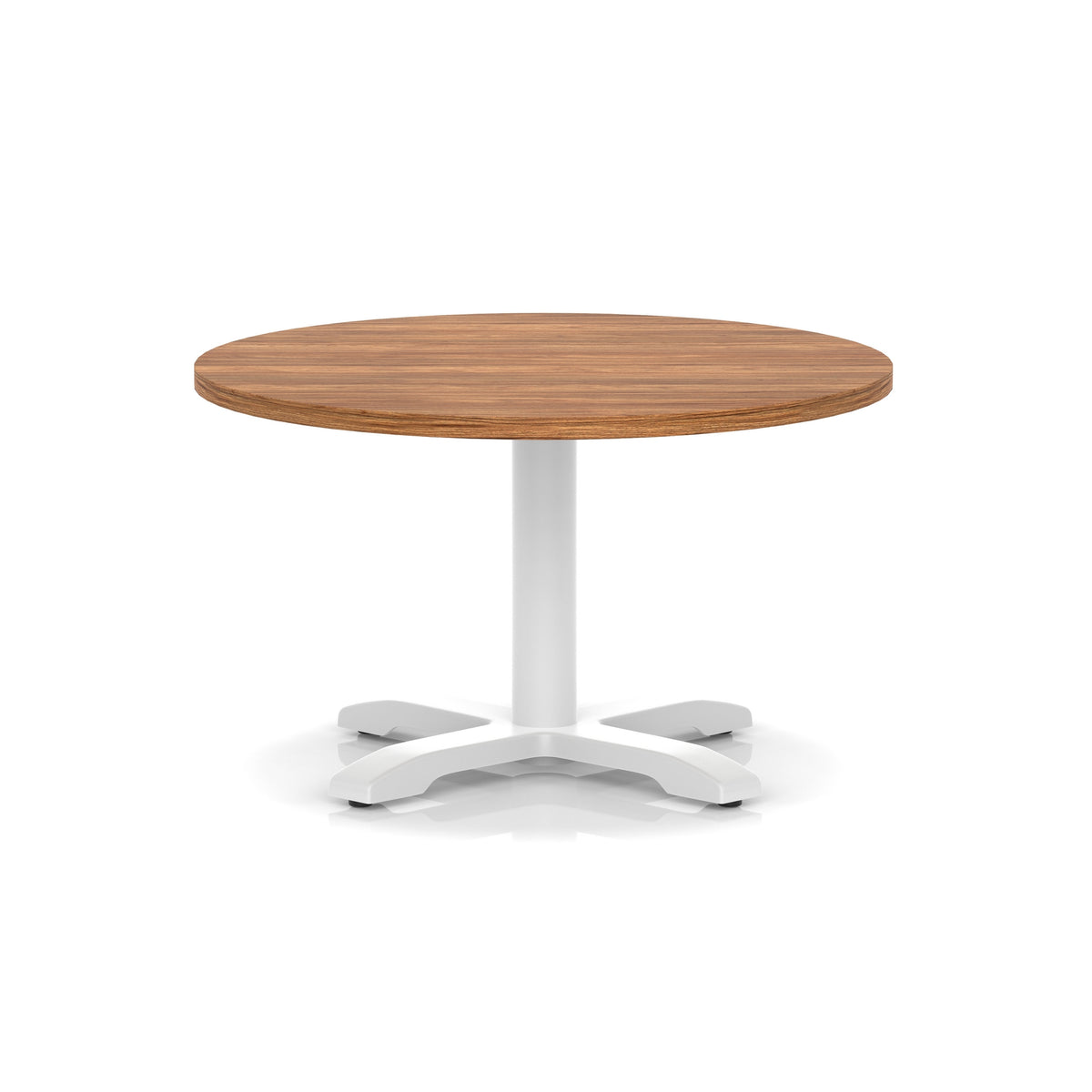 Round coffee table with wood-effect top and white metal base on a white background